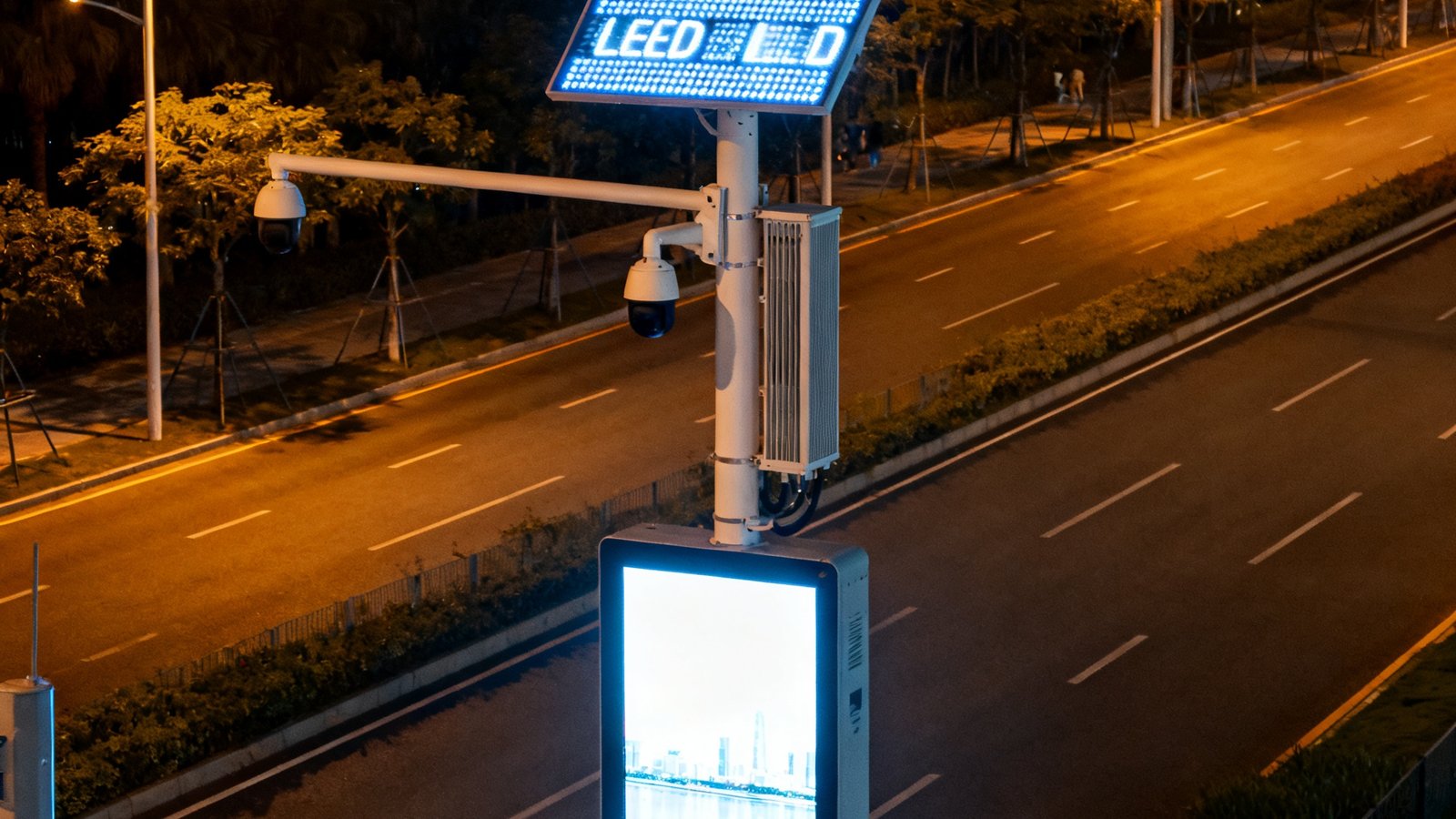 DB视讯智慧灯杆屏在深圳前海道路实测场景，灯杆集成LED显示屏、环境传感器和5G微基站，夜间显示清晰