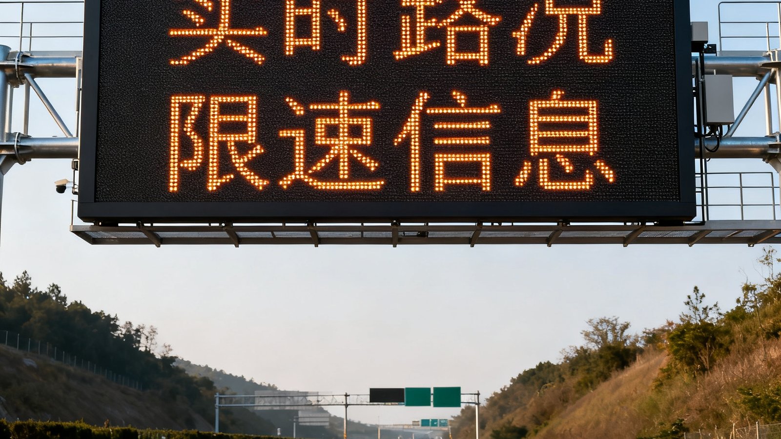 DB视讯安装在高速公路上方的交通诱导屏，显示实时路况和限速信息，屏体采用哑光防眩处理