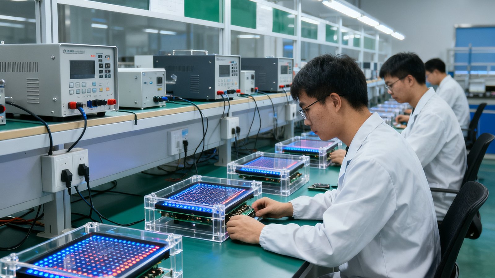 DB视讯研发团队在实验室进行显示模组老化测试，工作台上排列着测试设备和样品模组
